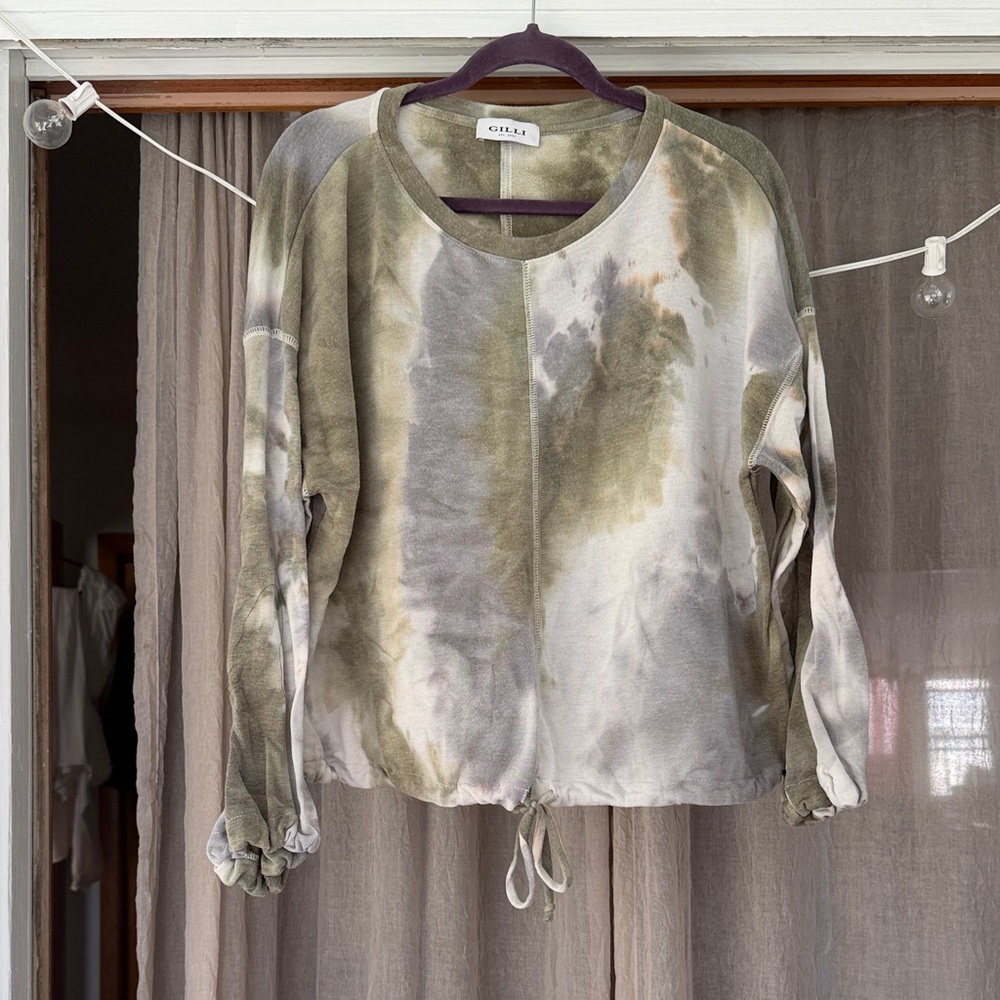Olive and Cream Tie-Dye Drawstring Sweatshirt